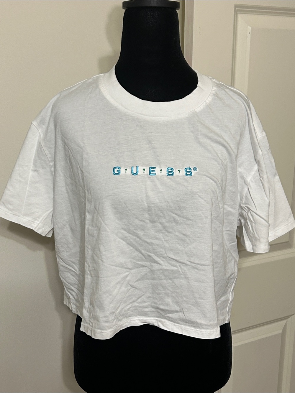 Guess White Cropped Tee with Teal Logo